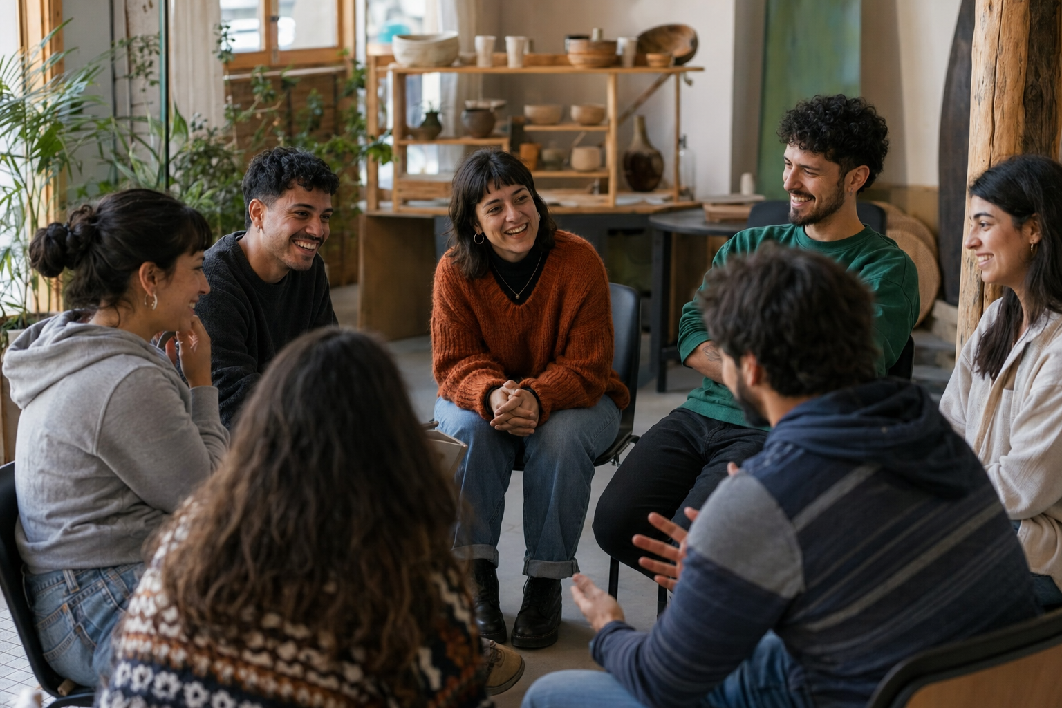 Grupo de jóvenes conversando y compartiendo durante un encuentro